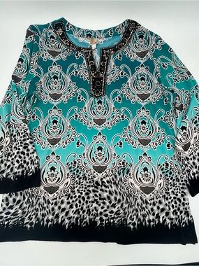 JM Teal and Black Scroll leopard  Printed Women's beaded Tunic Top XL glam